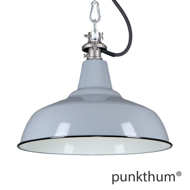 Graue Emaillelampe, Industrielampe mit Stahlguss-Aufhängung und schwarzem Textilkabel.