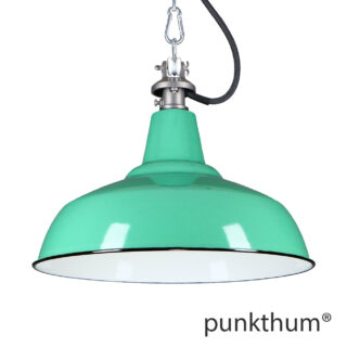 Grüne Emaillelampe, Industrielampe mit Stahlguss-Aufhängung und schwarzem Textilkabel.