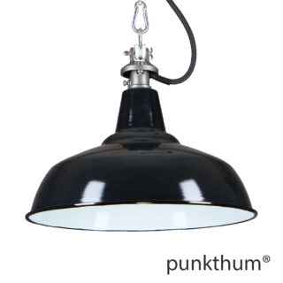Schwarze Emaillelampe, Industrielampe mit Stahlguss-Aufhängung und schwarzem Textilkabel.