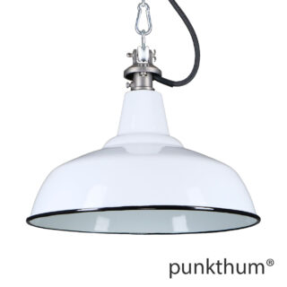 Weisse Emaillelampe, Industrielampe mit Stahlguss-Aufhängung und schwarzem Textilkabel.