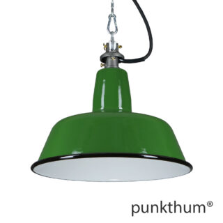 Grüne Emaillelampe, Industrielampe mit Stahlguss-Aufhängung und schwarzem Textilkabel.