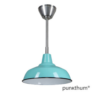 Fabriklampe, Emaillelampe in türkis, mit Stahlrohr-Aufhängung und Baldachin, Innenseite.