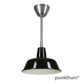 Schwarze Fabriklampe, Emaillelampe, mit Stahlrohr-Aufhängung und Baldachin, Innenseite.