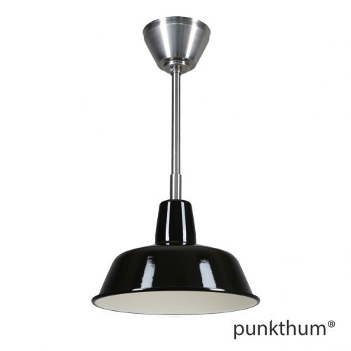 Schwarze Fabriklampe, Emaillelampe, mit Stahlrohr-Aufhängung und Baldachin, Innenseite.
