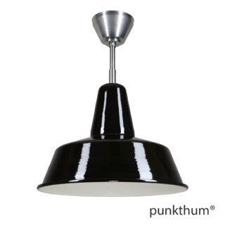 Große schwarze Fabriklampe, Emaillelampe, mit Stahlrohr-Aufhängung und Baldachin, Innenseite.