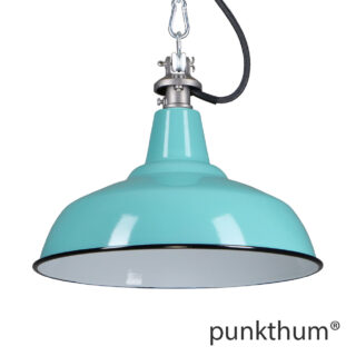 Emaillelampe, Industrielampe in türkis, mit Stahlguss-Aufhängung und schwarzem Textilkabel.