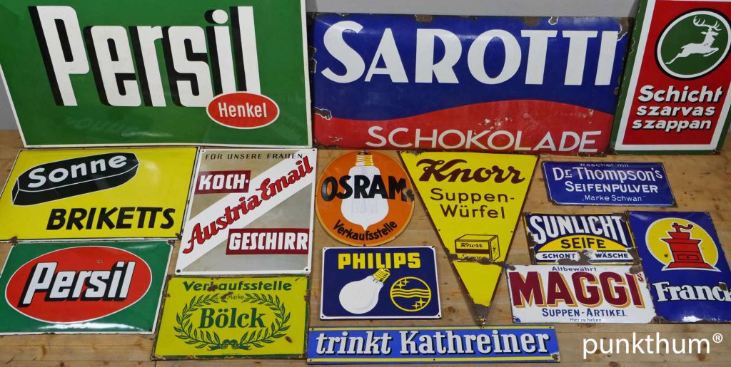 Emailschilder - die unverwüstliche "Emailplakate" sind heute sehr beliebt. Ein Paar Klassiker zwischen 1910 und 1960.