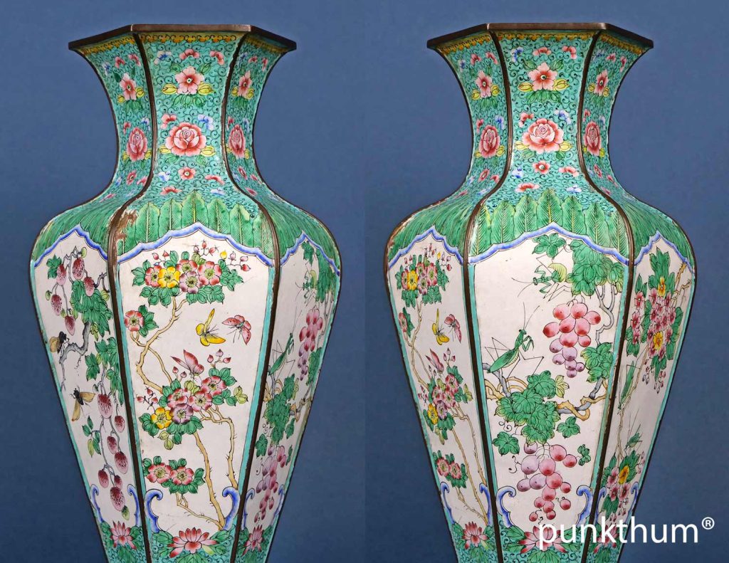 Hexagonale Kanton Emaille Vase in Famille Rose, mit Insekten.